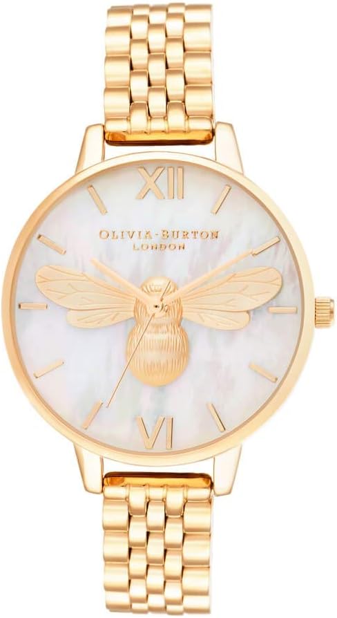 Olivia Burton Lucky Bee, White Dial Ionic Plated Gold Steel Bracelet (34mm)