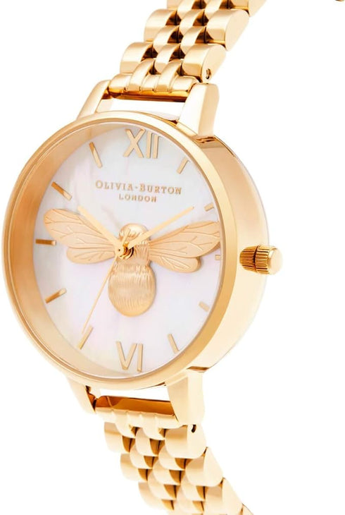 Olivia Burton Lucky Bee, White Dial Ionic Plated Gold Steel Bracelet (34mm)