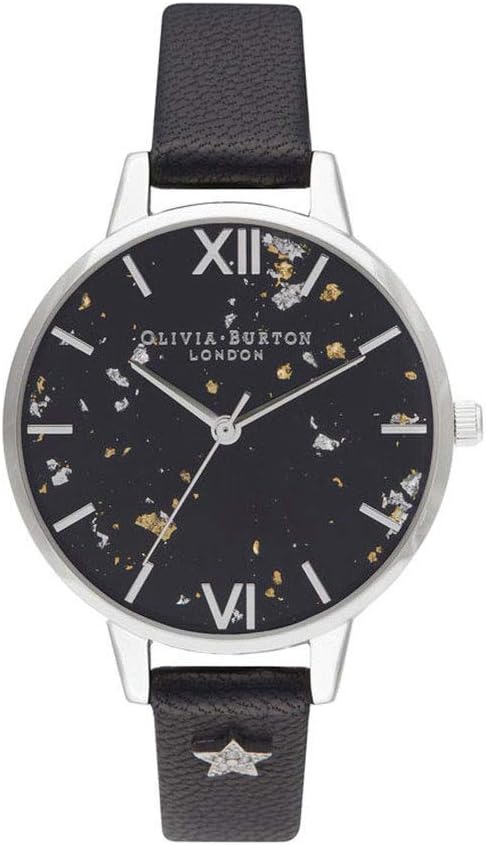 Olivia Burton Celestial, Black Dial Stainless Steel Black Leather Strap (34mm)