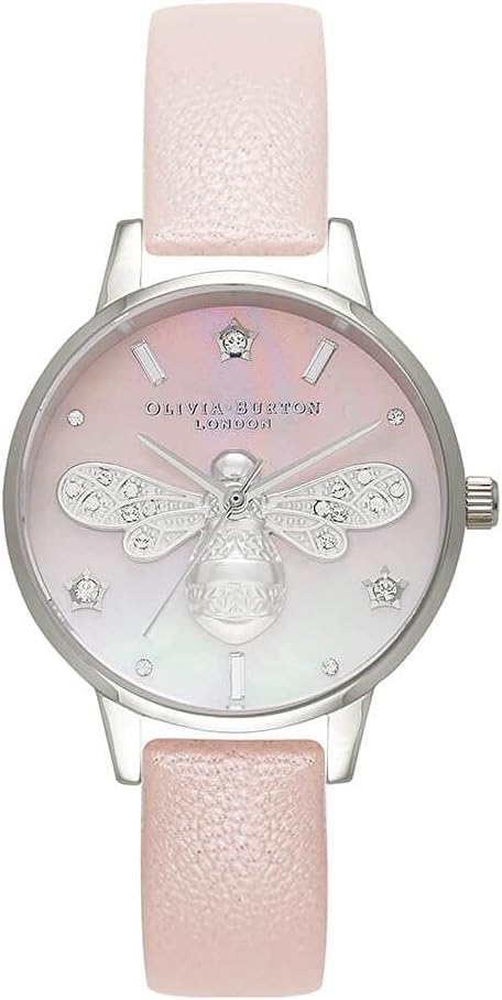 Olivia Burton Sparkle Bee, White Dial Pearl Pink Leather Strap (30mm)
