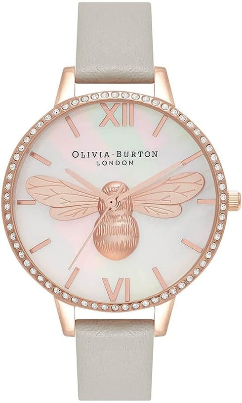 Olivia Burton Lucky Bee, White Dial Grey Leather Strap (34mm)