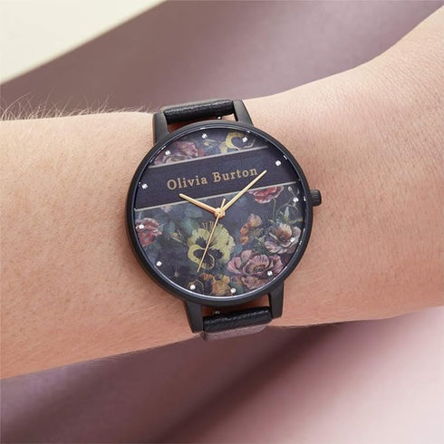 Olivia Burton Varsity, Black Dial Black Leather Strap (38mm)