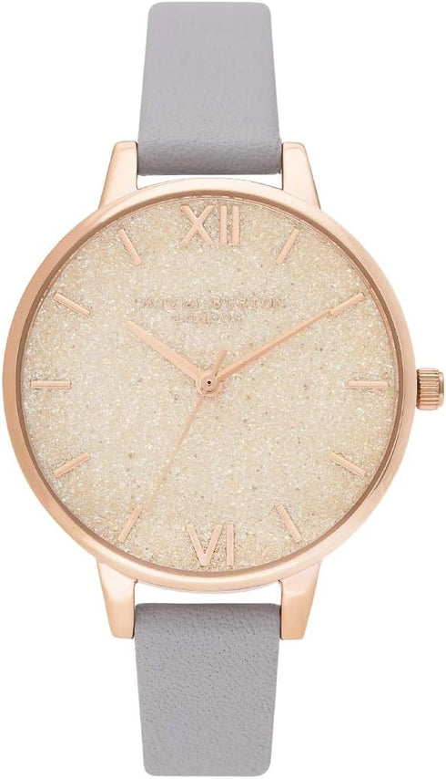 Olivia Burton Glitter, Gold Dial Grey Lilac Leather Strap (34mm)