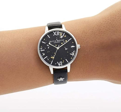 Olivia Burton Celestial, Black Dial Stainless Steel Black Leather Strap (34mm)