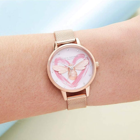 Olivia Burton You Have My Heart Lucky Bee, White Dial Ionic Plated Steel Bracelet (30mm)