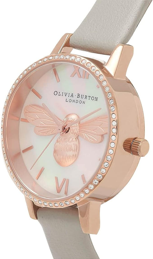Olivia Burton Lucky Bee, White Dial Grey Leather Strap (34mm)