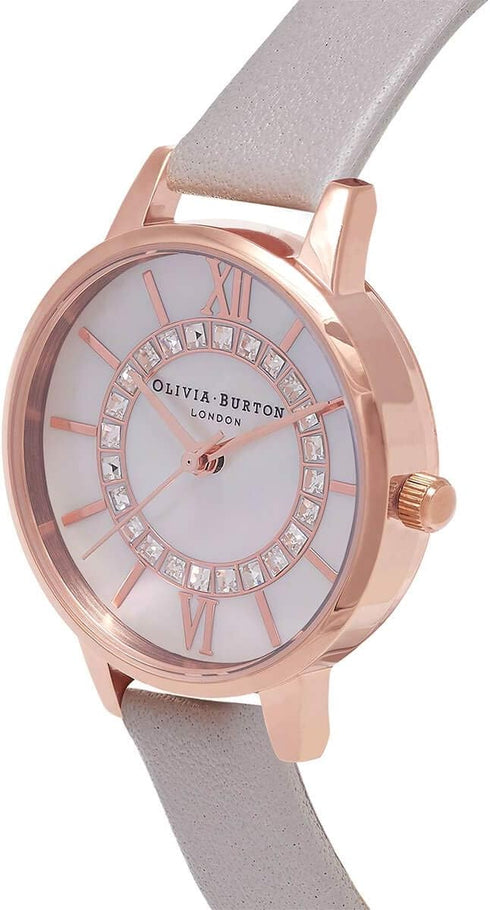 Olivia Burton Sparkle Wonderland, MOP White Dial Steel Grey Leather Strap