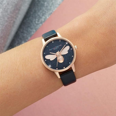 Olivia Burton Rainbow Luck Bee, Black Dial Black Vegan Material Strap (30)