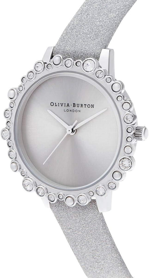 Olivia Burton Bubble, Silver Dial Glitter Leather Strap (30mm)