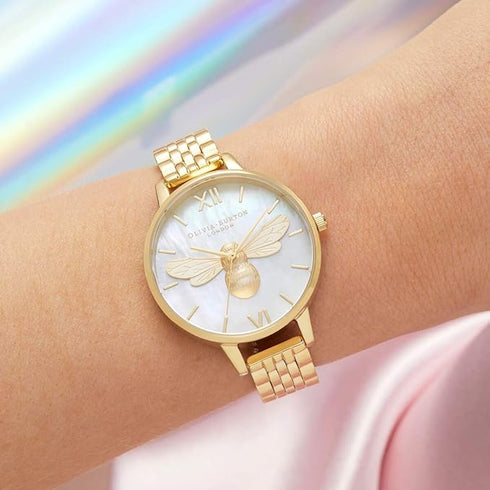 Olivia Burton Lucky Bee, White Dial Ionic Plated Gold Steel Bracelet (34mm)