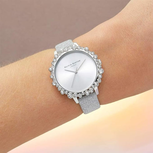 Olivia Burton Bubble, Silver Dial Glitter Leather Strap (30mm)