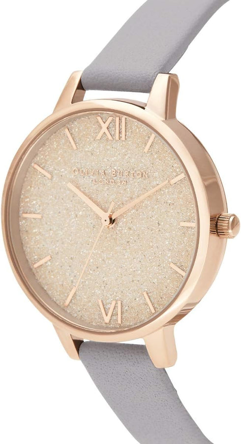 Olivia Burton Glitter, Gold Dial Grey Lilac Leather Strap (34mm)
