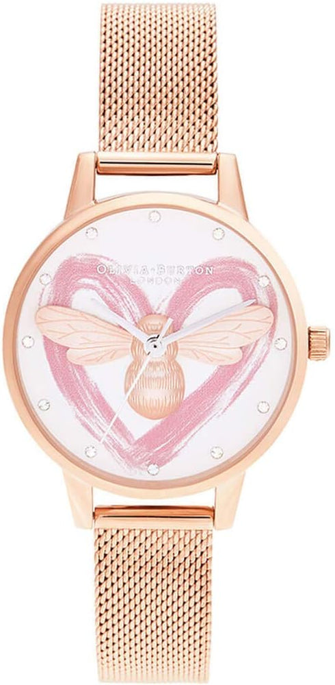 Olivia Burton You Have My Heart Lucky Bee, White Dial Ionic Plated Steel Bracelet (30mm)