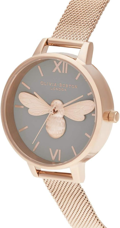 Olivia Burton Lucky Bee, Grey Dial Ionic Plated Steel Bracelet