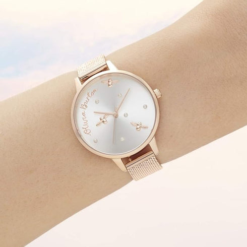 Olivia Burton Pearly Queen, Silver Dial Ionic Plated Steel Bracelet (34mm)