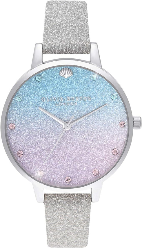 Olivia Burton The Sea Shimmer, Blue Dial Silver Glitter Leather Strap (34mm)