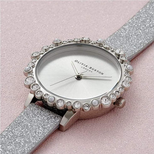 Olivia Burton Bubble, Silver Dial Glitter Leather Strap (30mm)