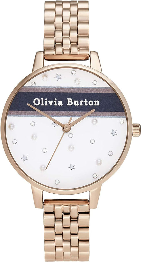 Olivia Burton Varsity, White Dial Ionic Plated Rose Gold Steel Bracelet (30mm)