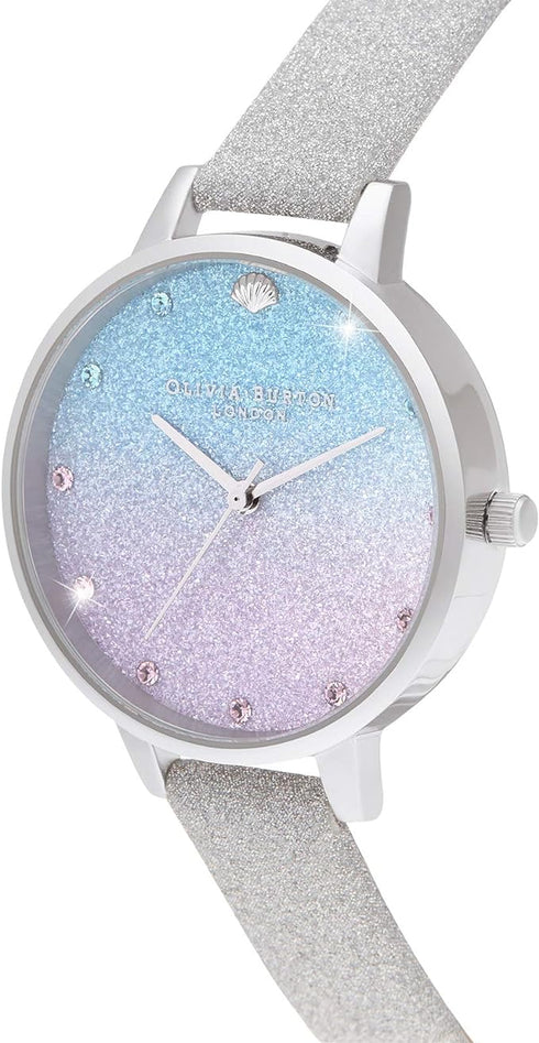 Olivia Burton The Sea Shimmer, Blue Dial Silver Glitter Leather Strap (34mm)