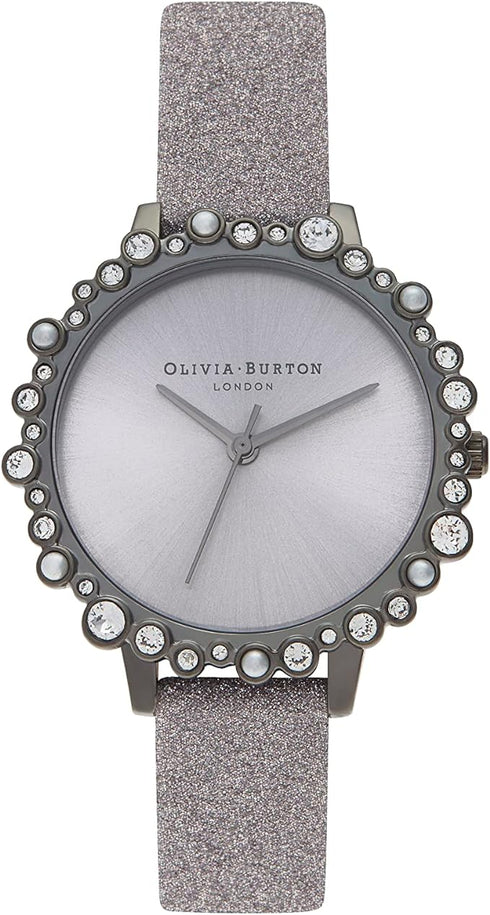 Olivia Burton Bubble, Silver Dial Glitter Leather Strap (30mm)