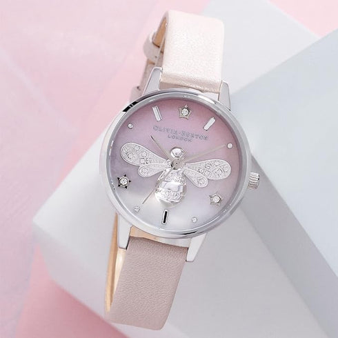 Olivia Burton Sparkle Bee, White Dial Pearl Pink Leather Strap (30mm)