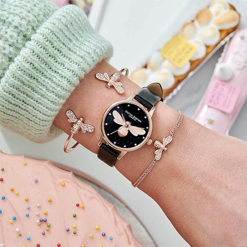 Olivia Burton Rainbow Luck Bee, Black Dial Black Vegan Material Strap (30)