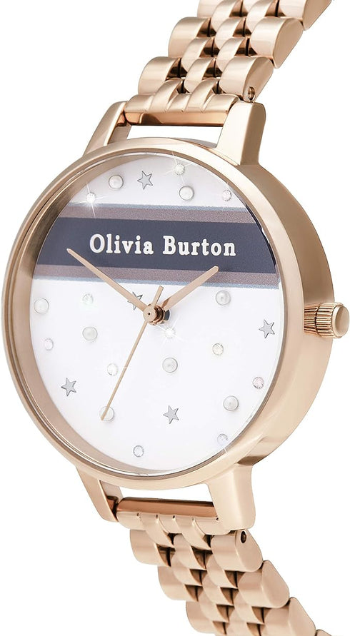 Olivia Burton Varsity, White Dial Ionic Plated Rose Gold Steel Bracelet (30mm)