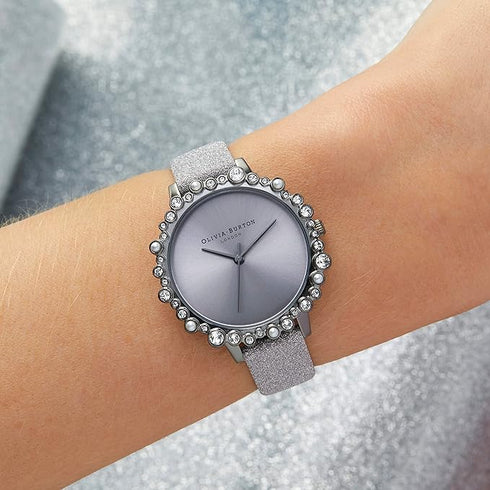Olivia Burton Bubble, Silver Dial Glitter Leather Strap (30mm)